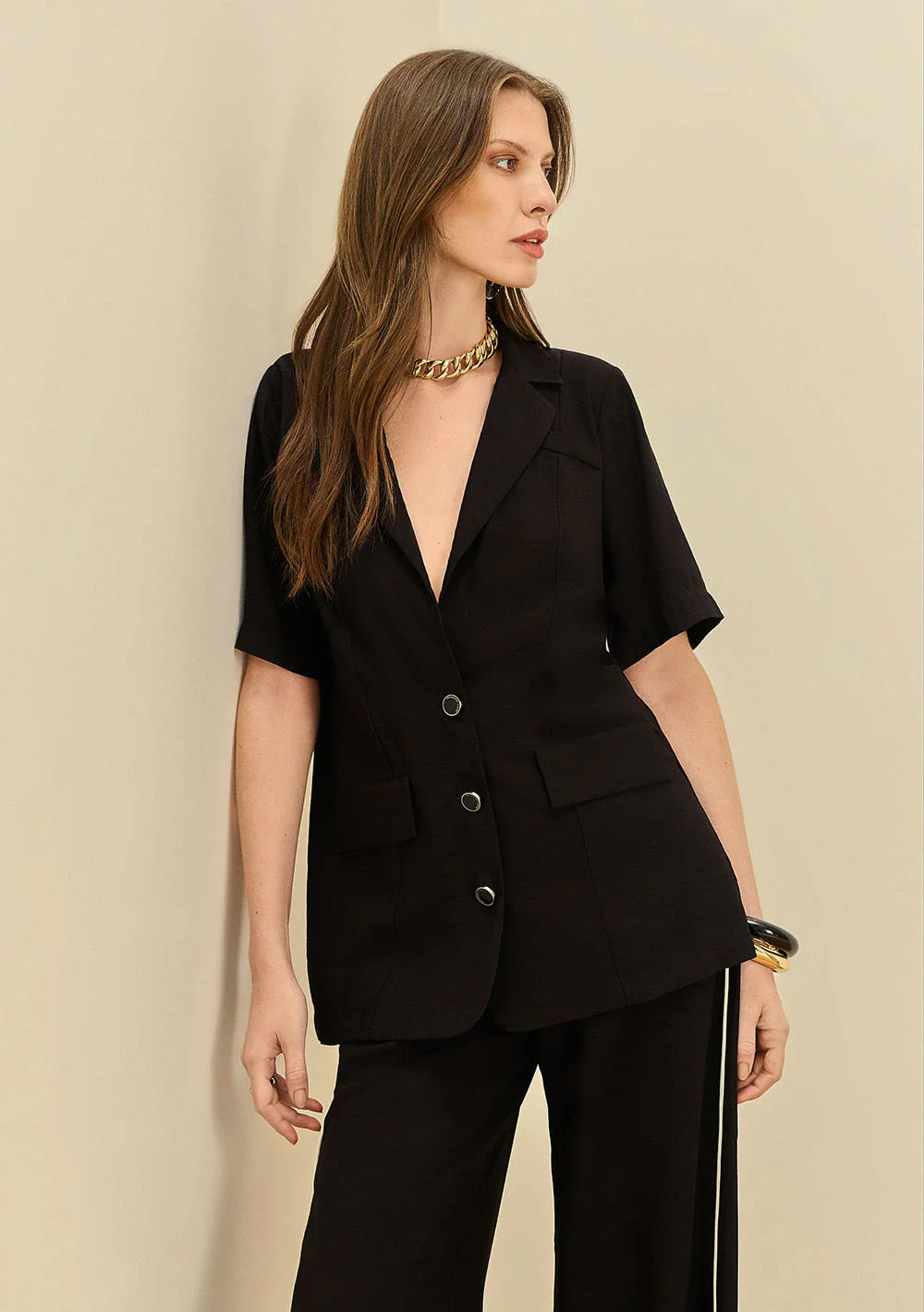 Blazer Maria.Valentina Solto Manga Curta Padrão Preto