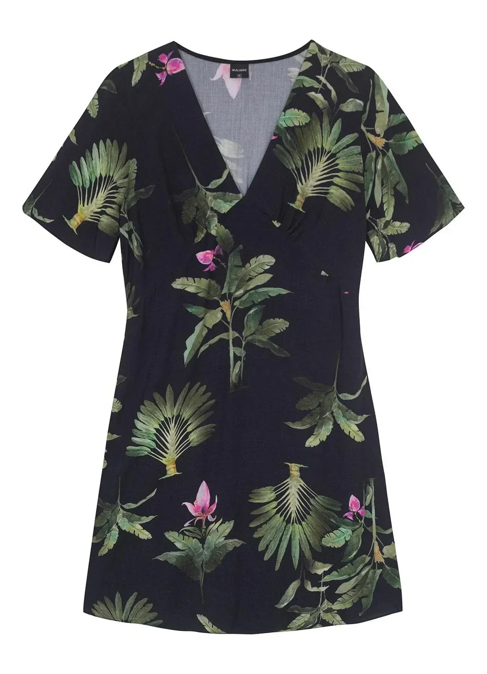 Malwee - Vestido Preto Curto Evasê Tropical