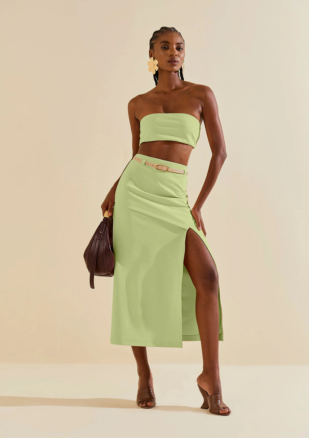 Saia Morena Rosa Reta Alta Midi Verde