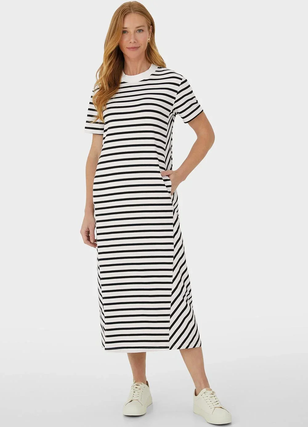 Malwee - Vestido Listrado Mídi Amplo Branco