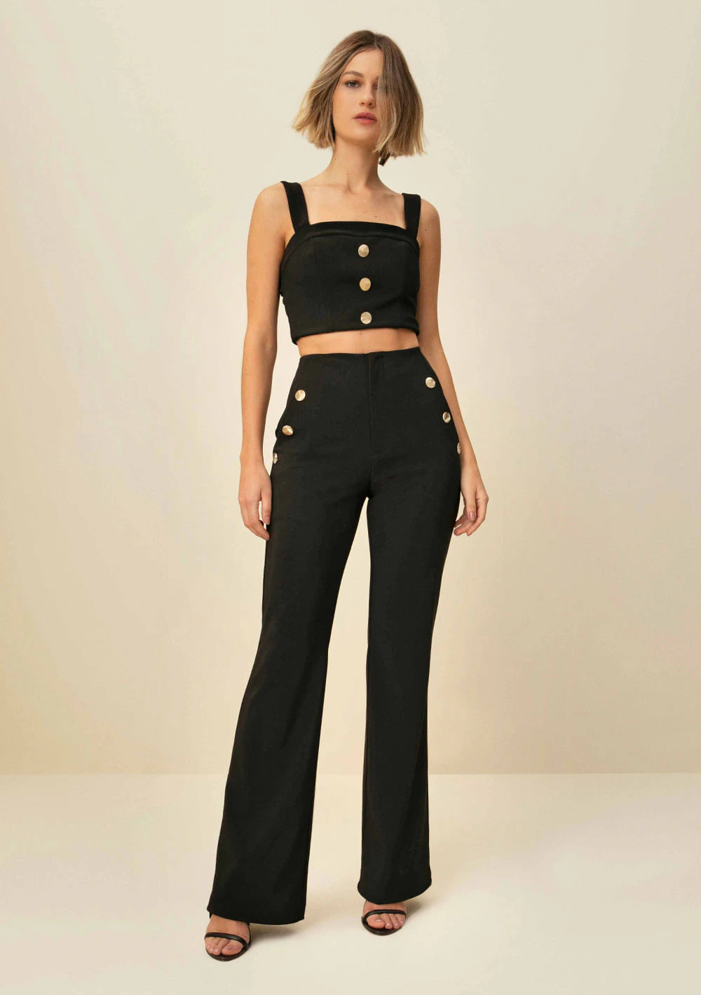 Calca Morena Rosa Boot Cut Cós Alto Detalhe Bolso Preto