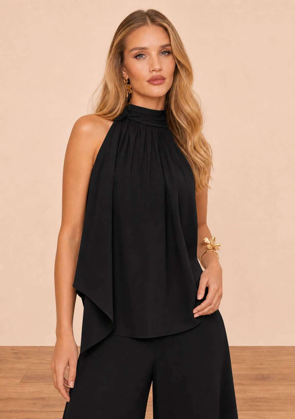Blusa Maria.Valentina Solta Gola Alta Sem Manga Padrão Preto