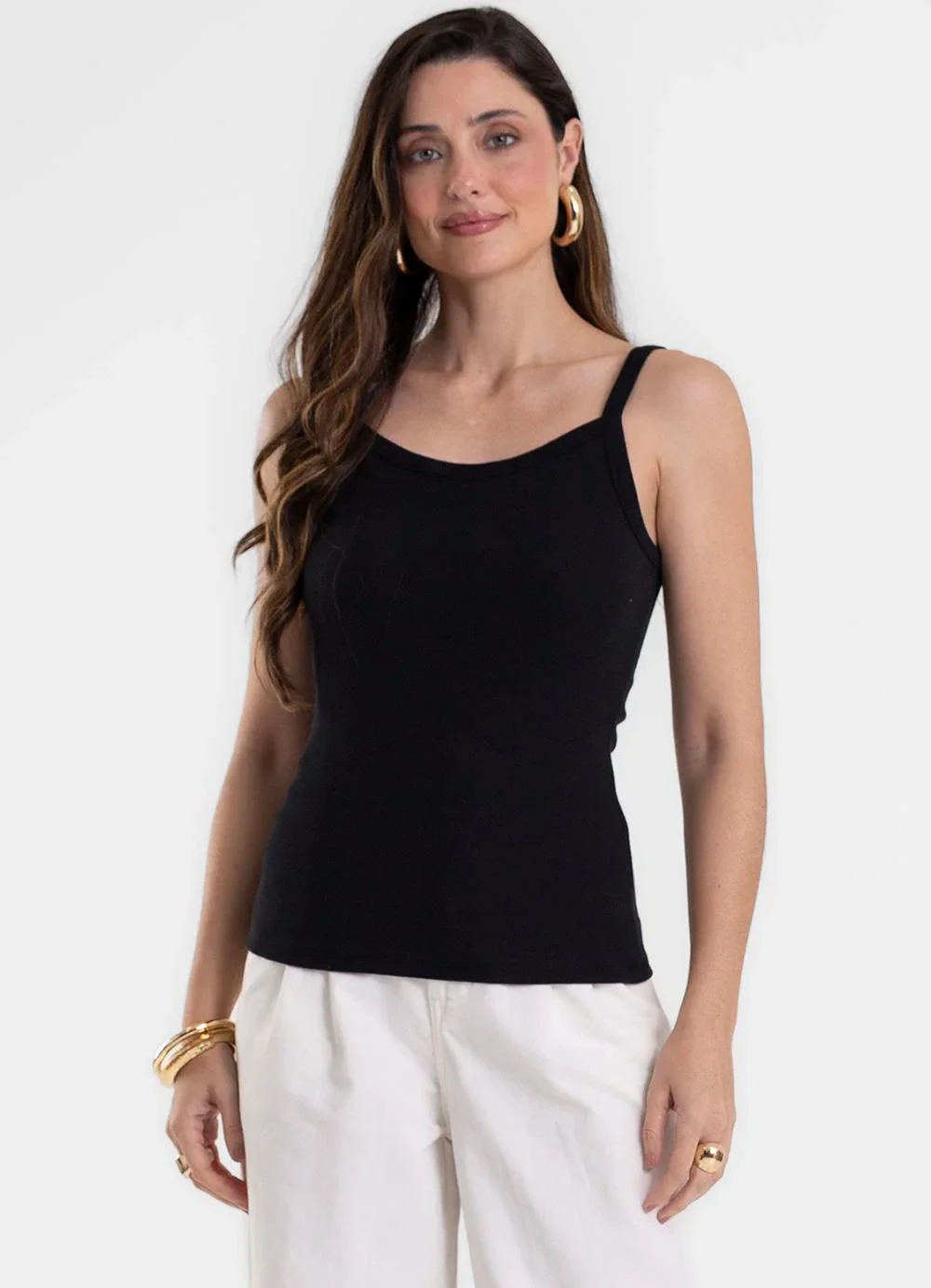 Rovitex - Blusa de Alça Feminina Justa em Ribana Preto