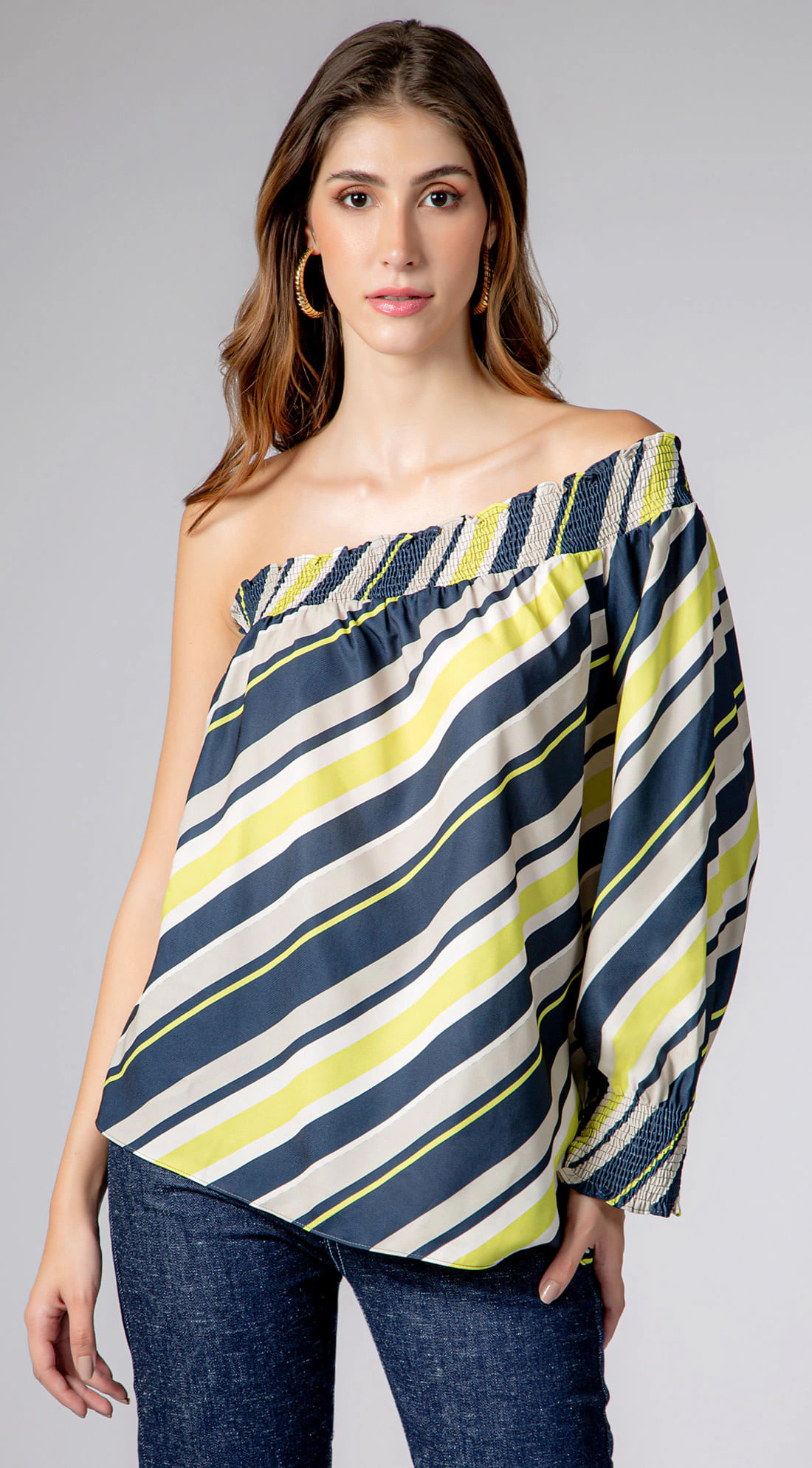 Blusa Maria.Valentina Ombro Só Manga Longa Com Lastex Azul Marinho