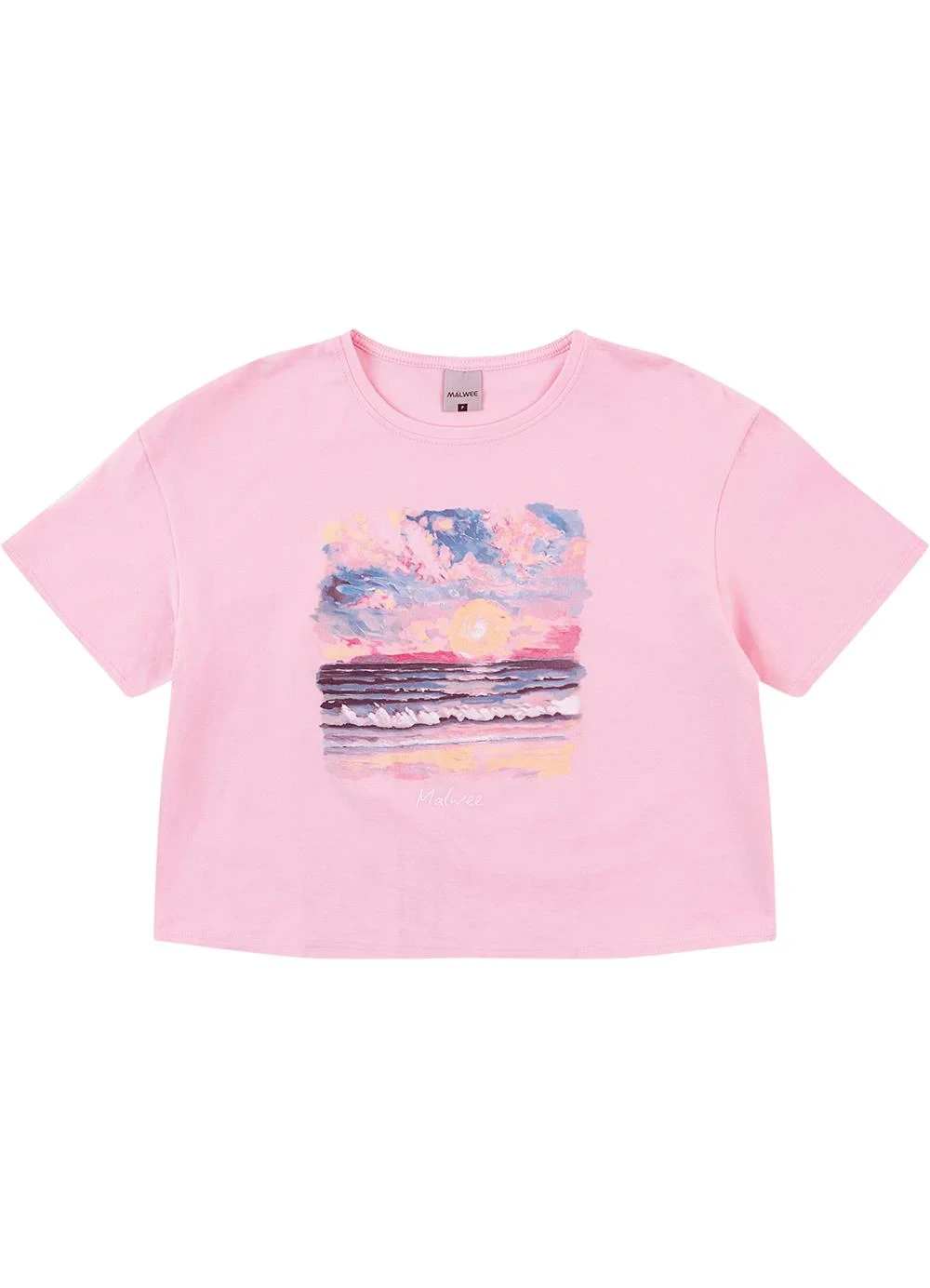 Malwee - Camiseta Cropped Pôr do Sol Rosa Pastel