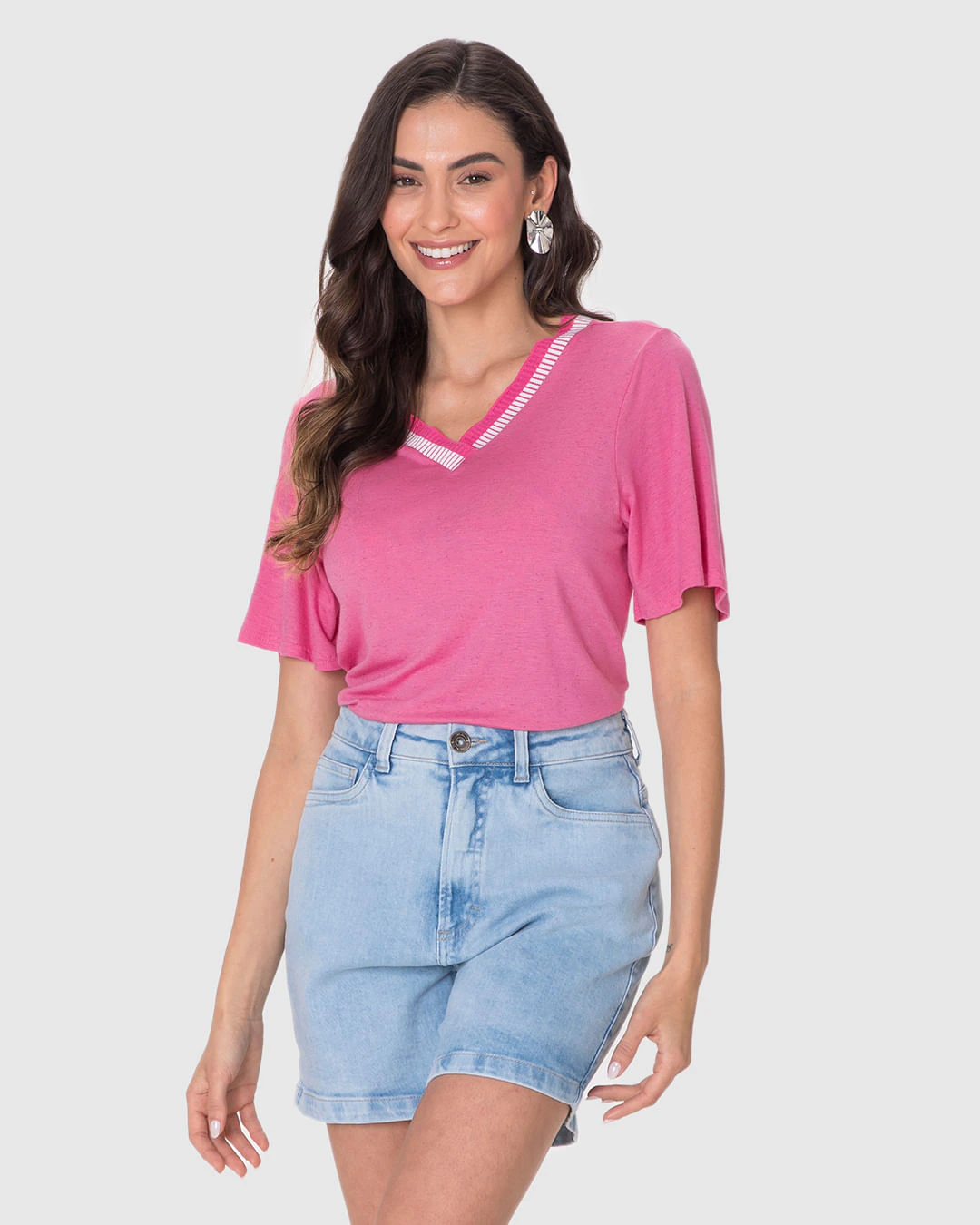 Blusa Ampla Feminina Decote V Retilínea Em Malha Viscolinho Stretch