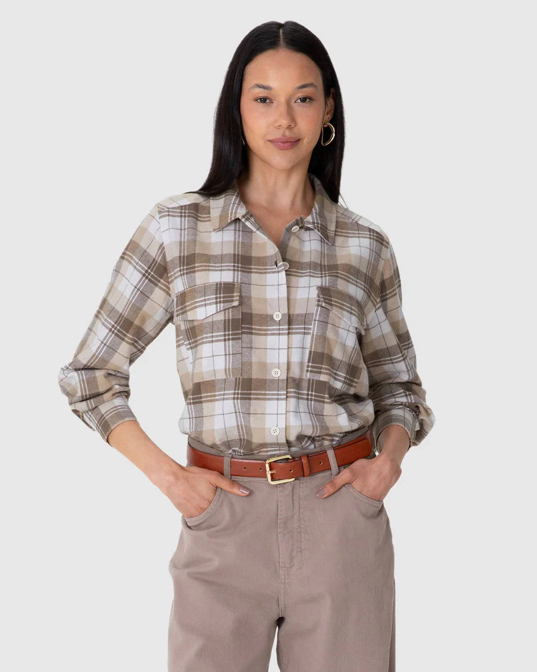 Camisa Feminina Xadrez Bolso Frontal Em Tricô Flanelado