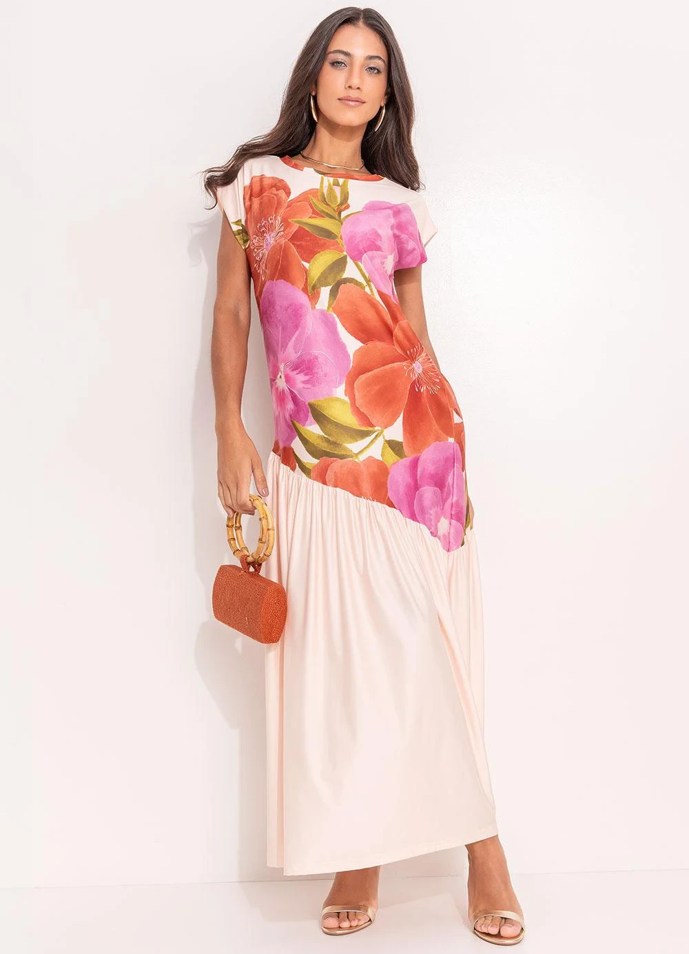 Quintess - Vestido Floral Barrado em Malha Fria