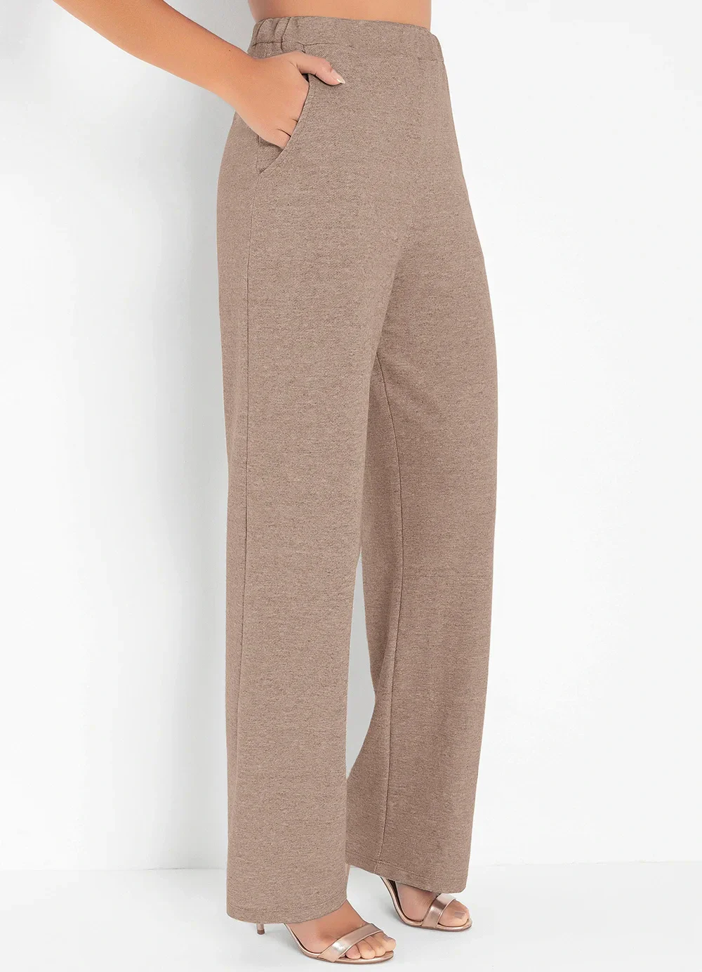 Moda Pop - Calça Pantalona Marrom Claro Bolsos Funcionais