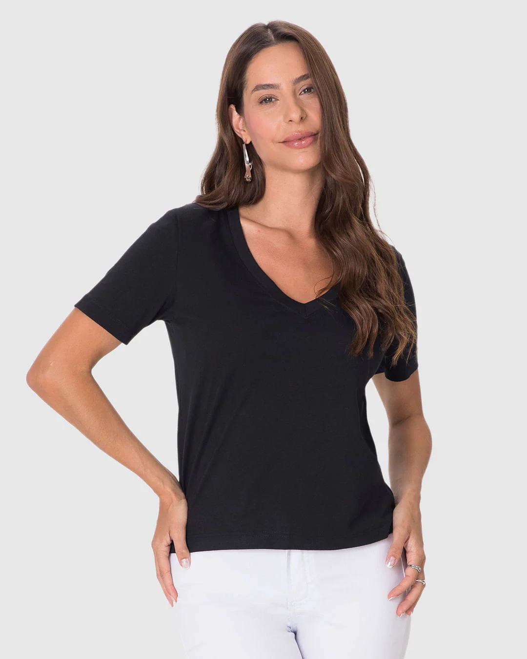 Blusa Básica Feminina Ampla Decote V Manga Curta Em Algodão