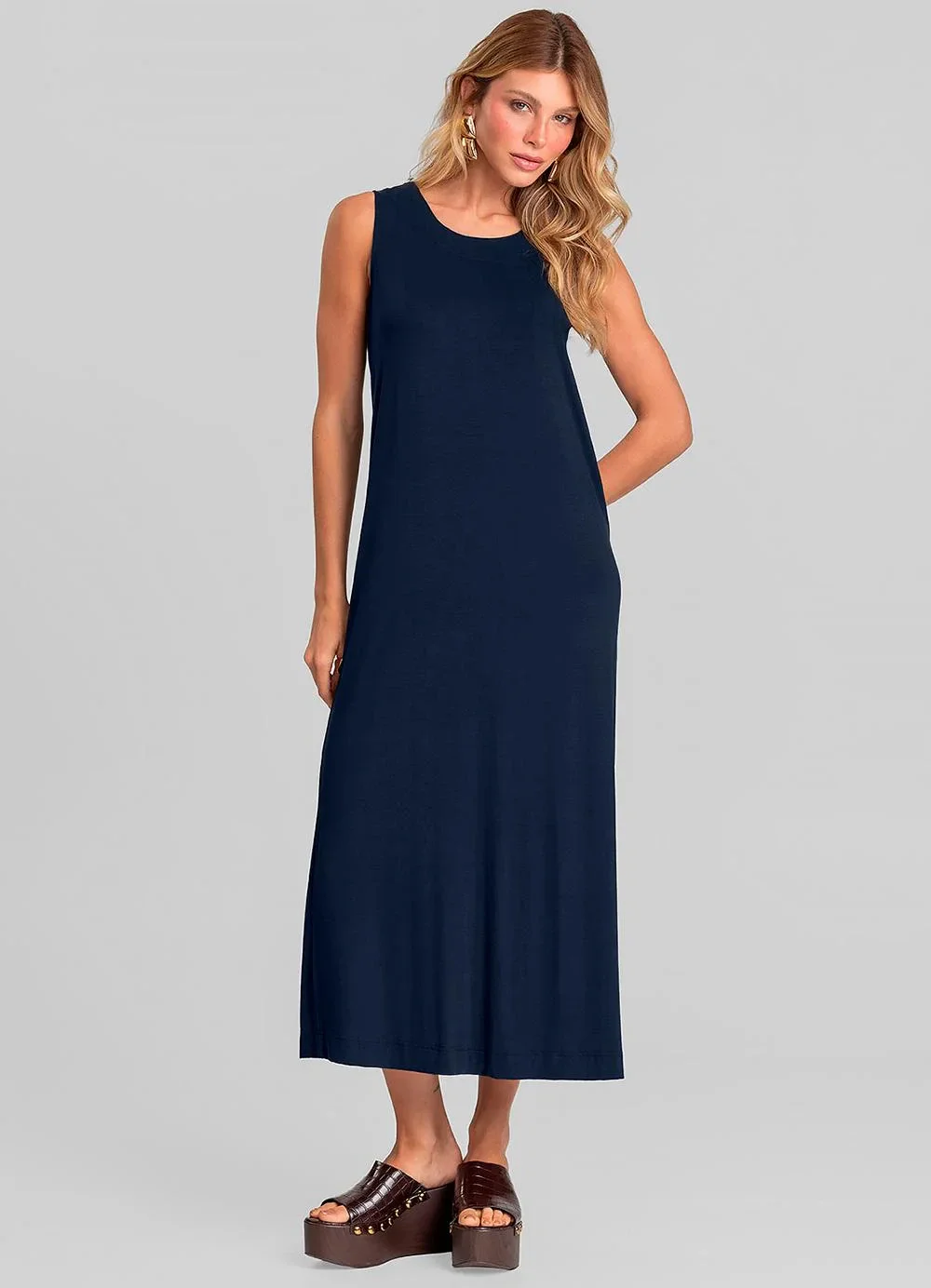 Dianna - Vestido Midi Feminino em Malha Visco Azul