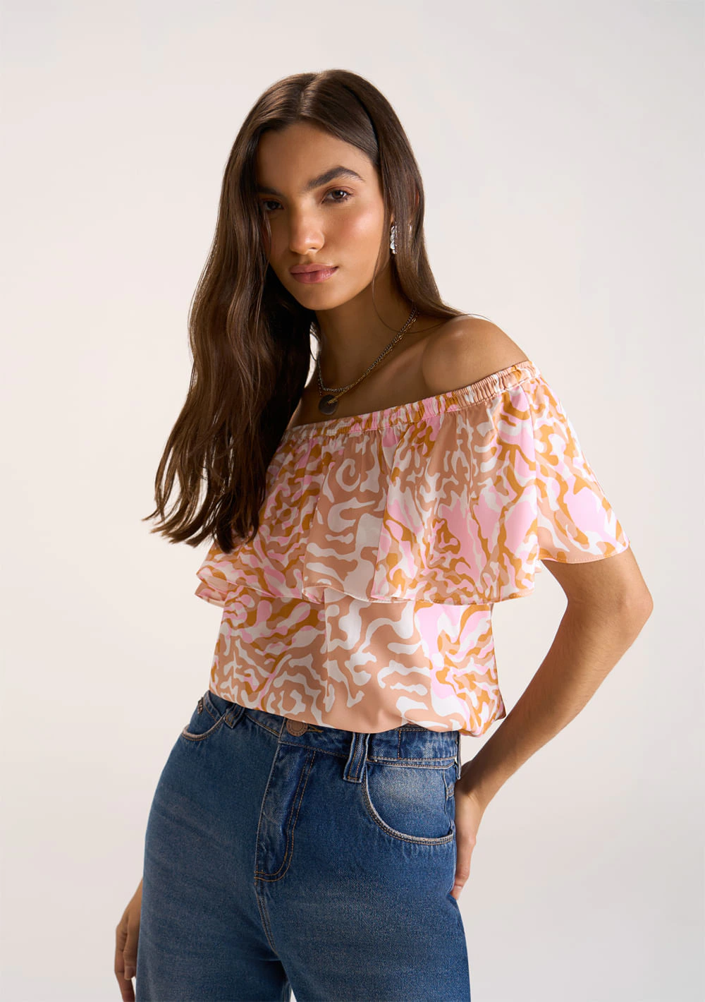Blusa Zinco Decote Reto Cavada Com Babado Laranja