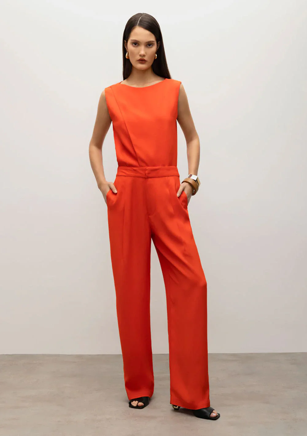 Calça Iódice Wide Cós Alto Com Pregas Laranja