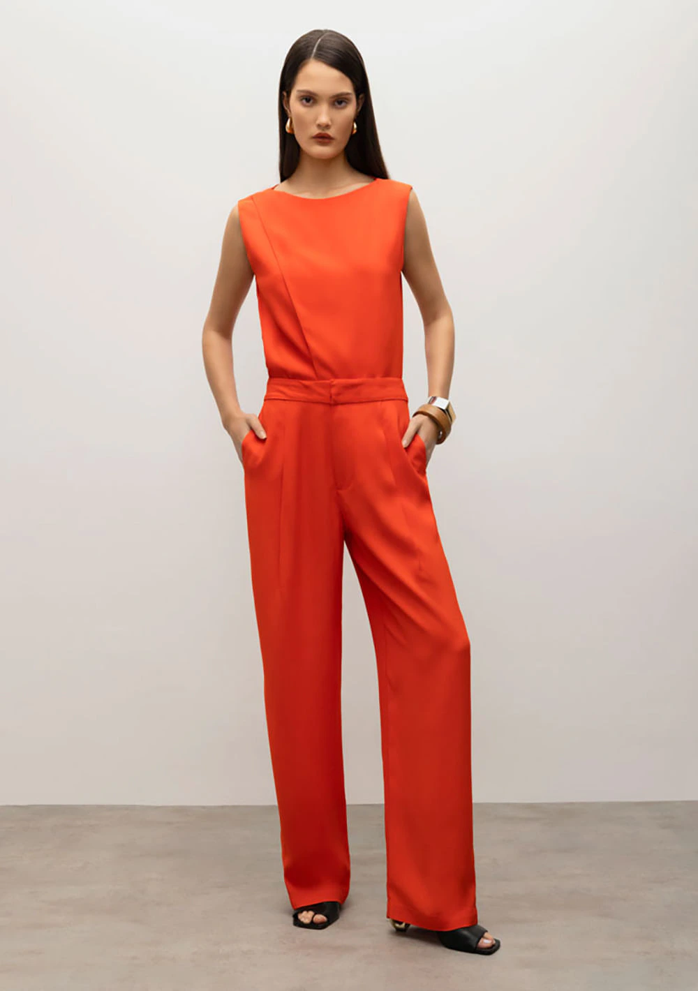 Calça Iódice Wide Cós Alto Com Pregas Laranja