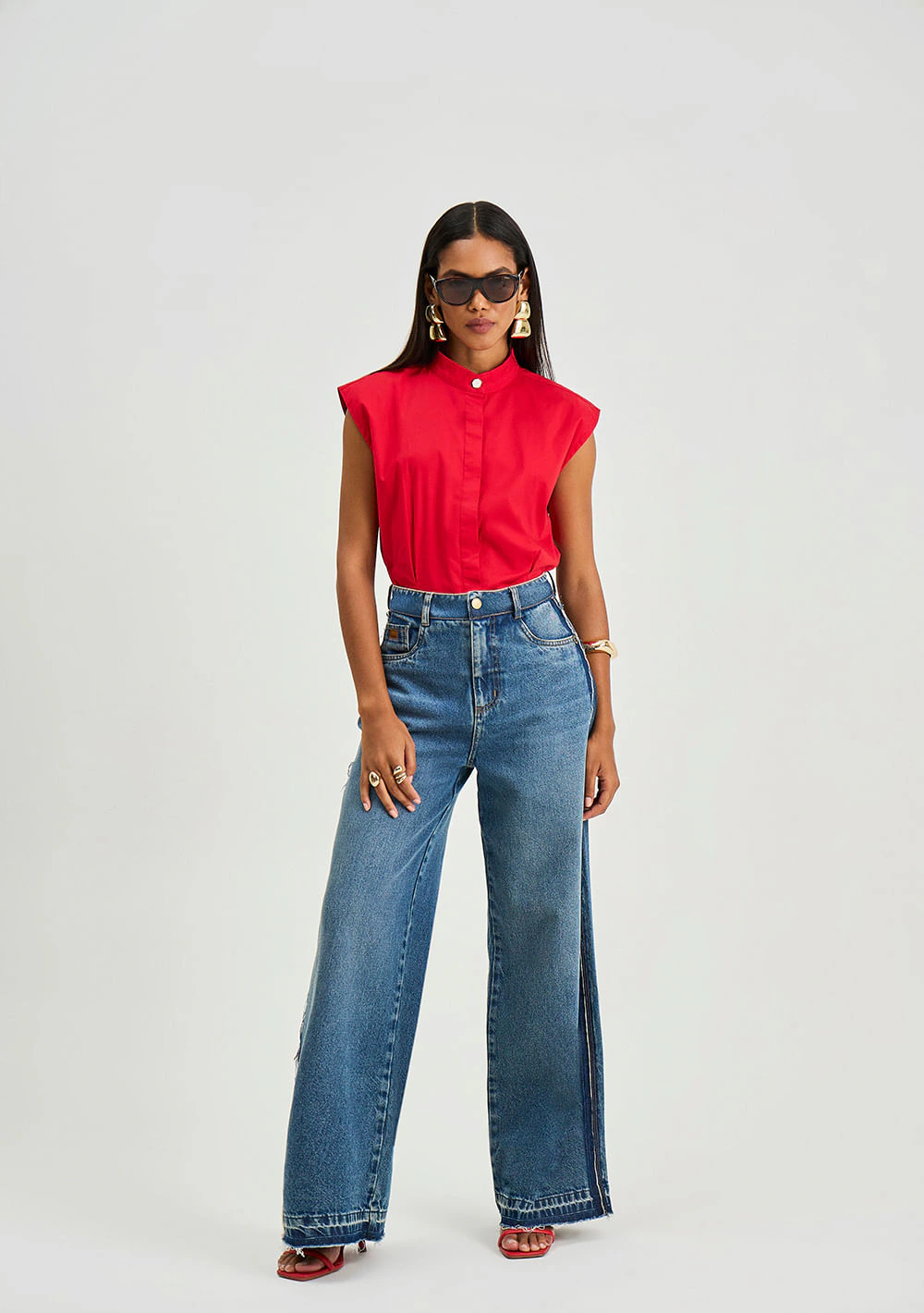Camisa Iódice Solta Decote V Manga Curta Padrão Vermelho