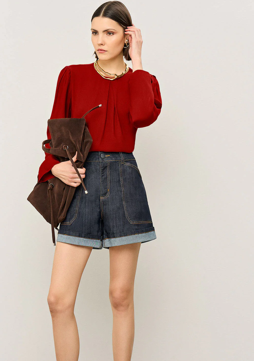 Blusa Iódice Solta Decote Careca Manga Longa Padrão Vermelho
