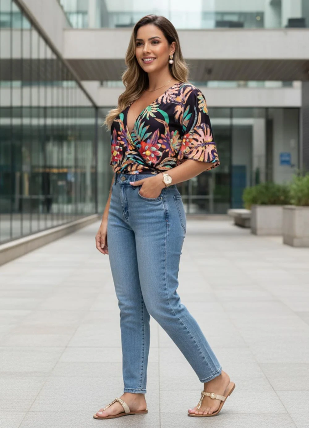 Quintess - Blusa Floral Dark com Elástico na Barra