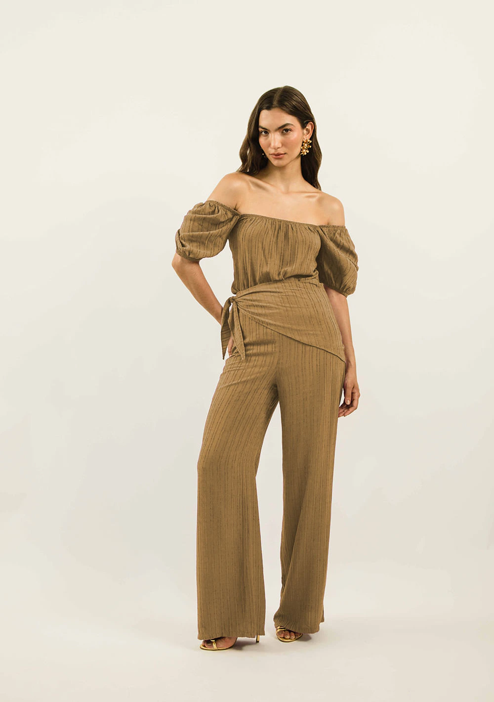 Calça Zinco Pantalona Cós Alto Com Lenço Caramelo