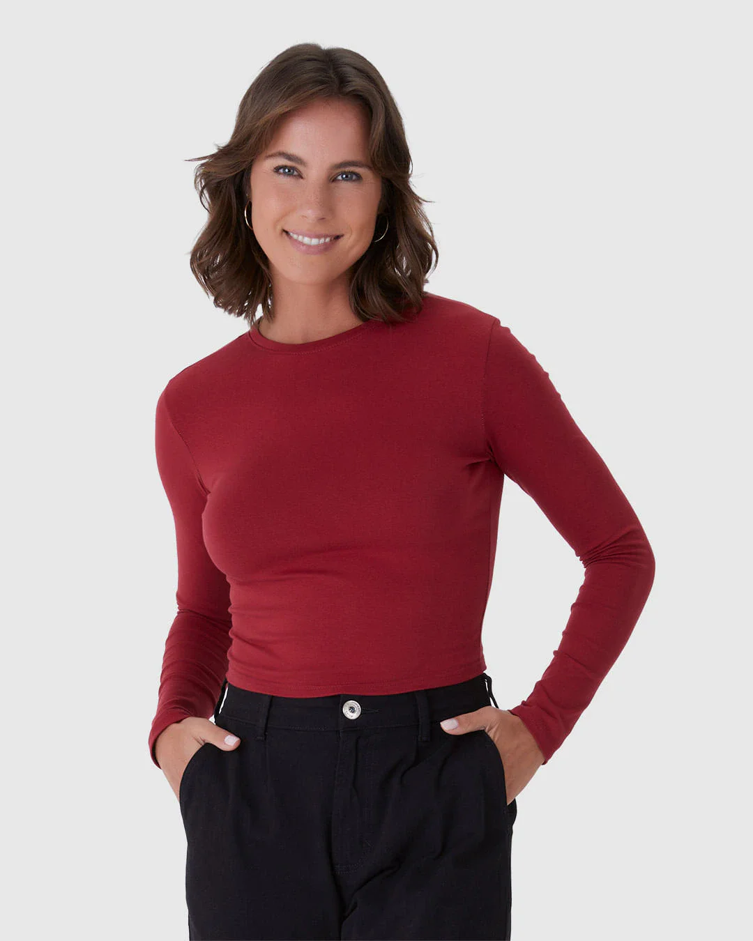 Blusa Cropped Feminina Decote Redondo Manga Longa Em Algodão