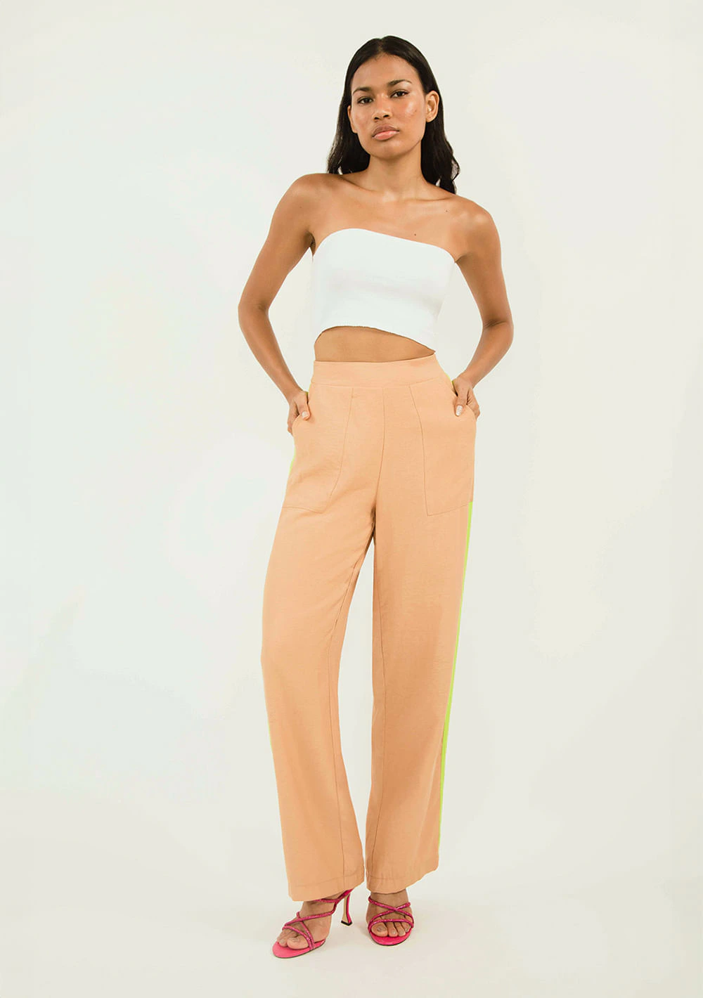 Calça Zinco Alfaiataria Cós Alto Bicolor Marrom