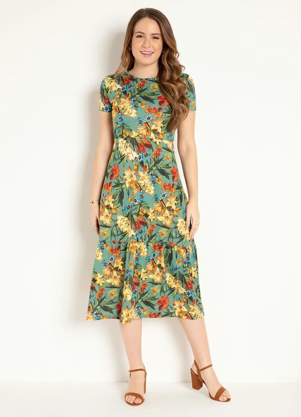 Rosalie - Vestido com Babado Floral Verde