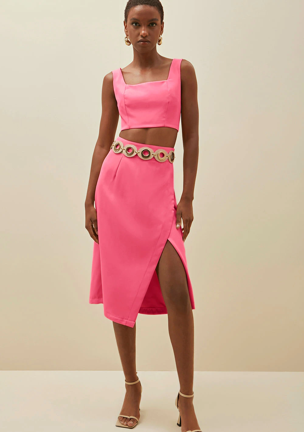 Saia Morena Rosa Midi Alfaiataria Com Transpasse Pink