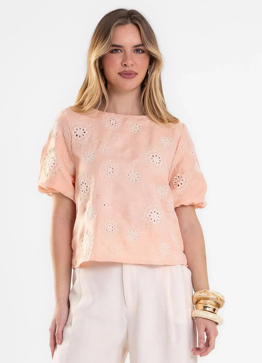 Rovitex - Blusa Feminina em Poly Bordado Rosa
