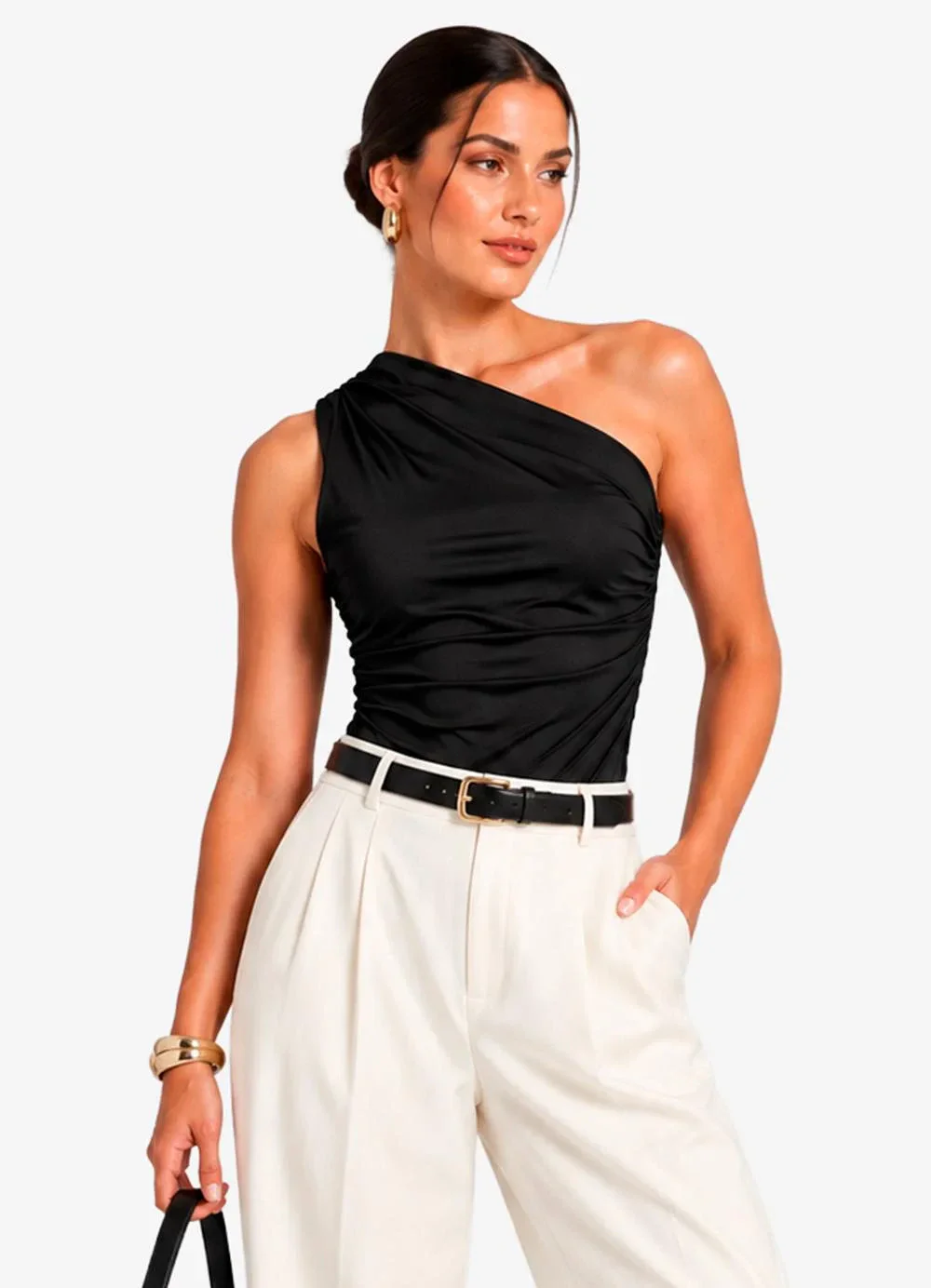 Rovitex - Body Feminino Ombro Unico Franzido Preto