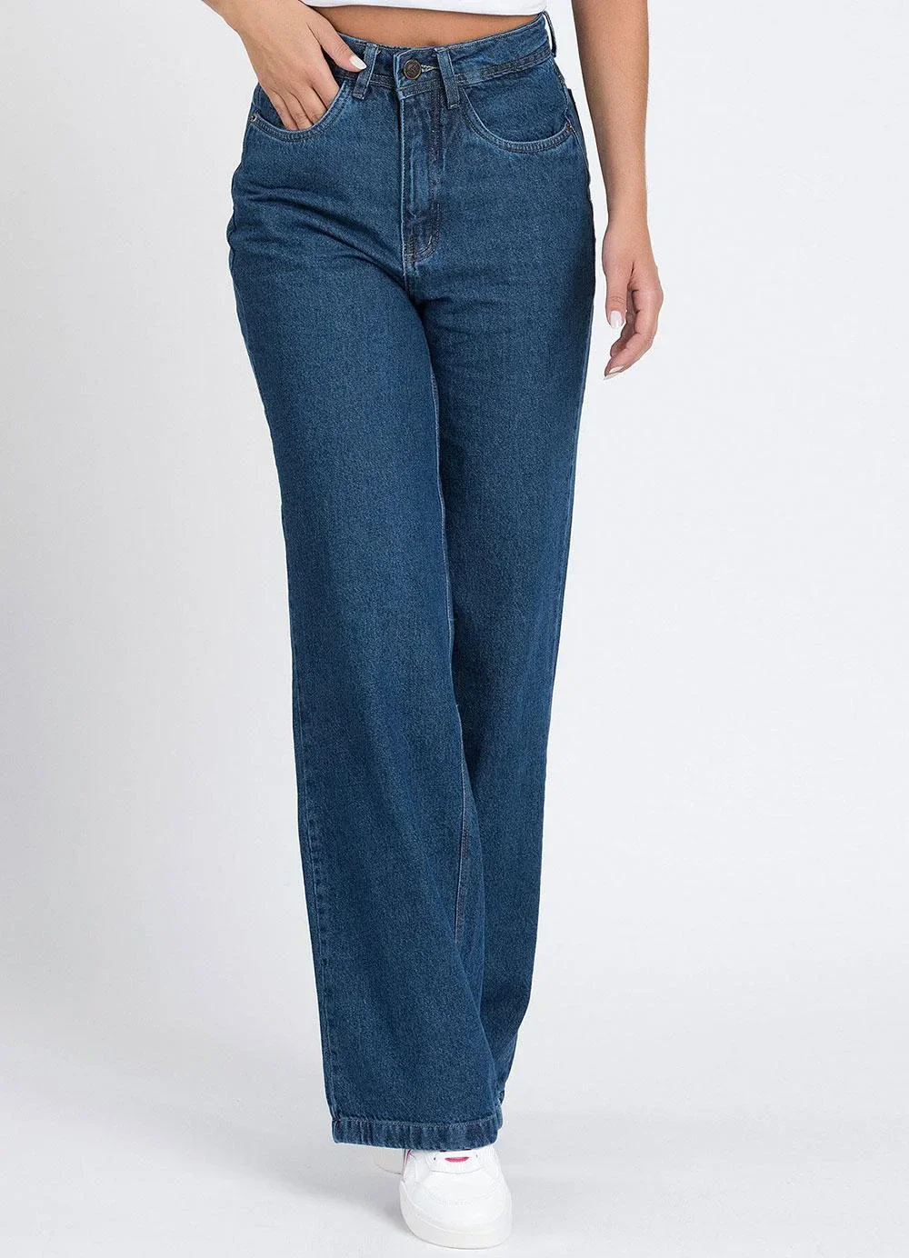 Meu Jeans - Calça Wide Leg Reta Jeans Escuro Azul