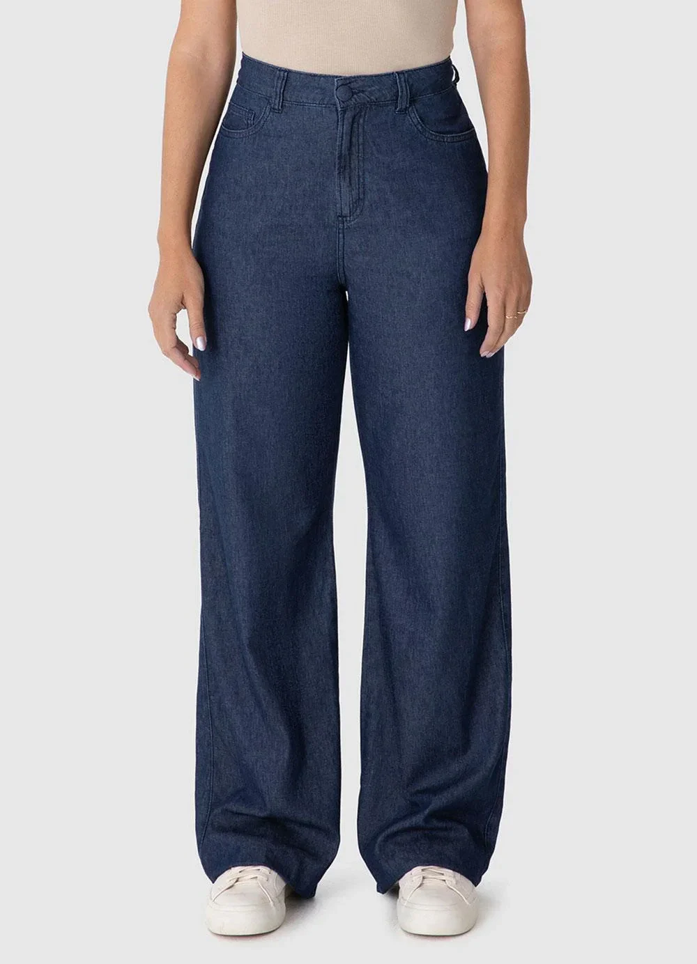 Malwee - Calça Wide Leg Jeans Cintura Alta Azul Escuro
