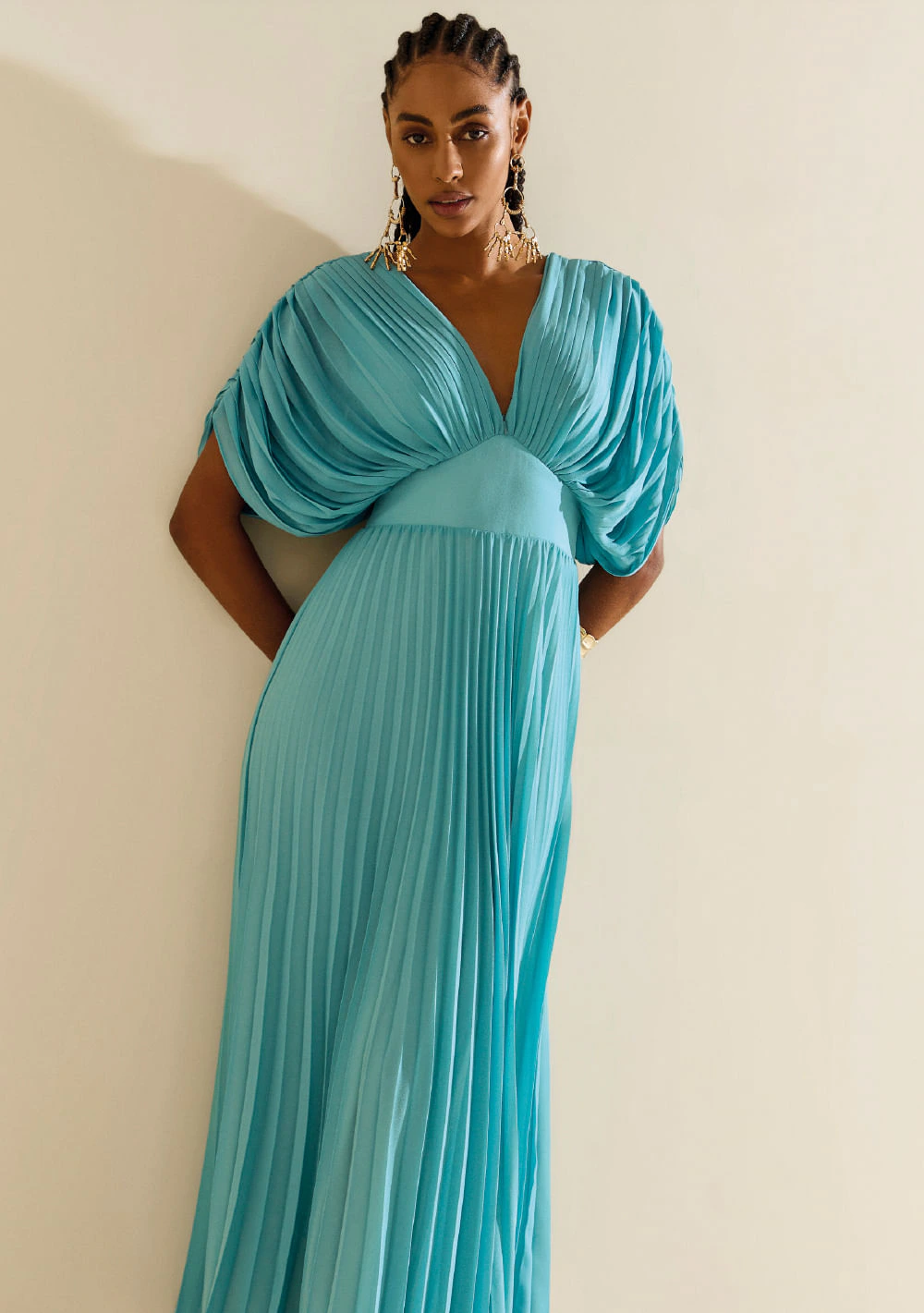 Vestido Morena Rosa Ajustado Decote V Manga Curta Longo Azul