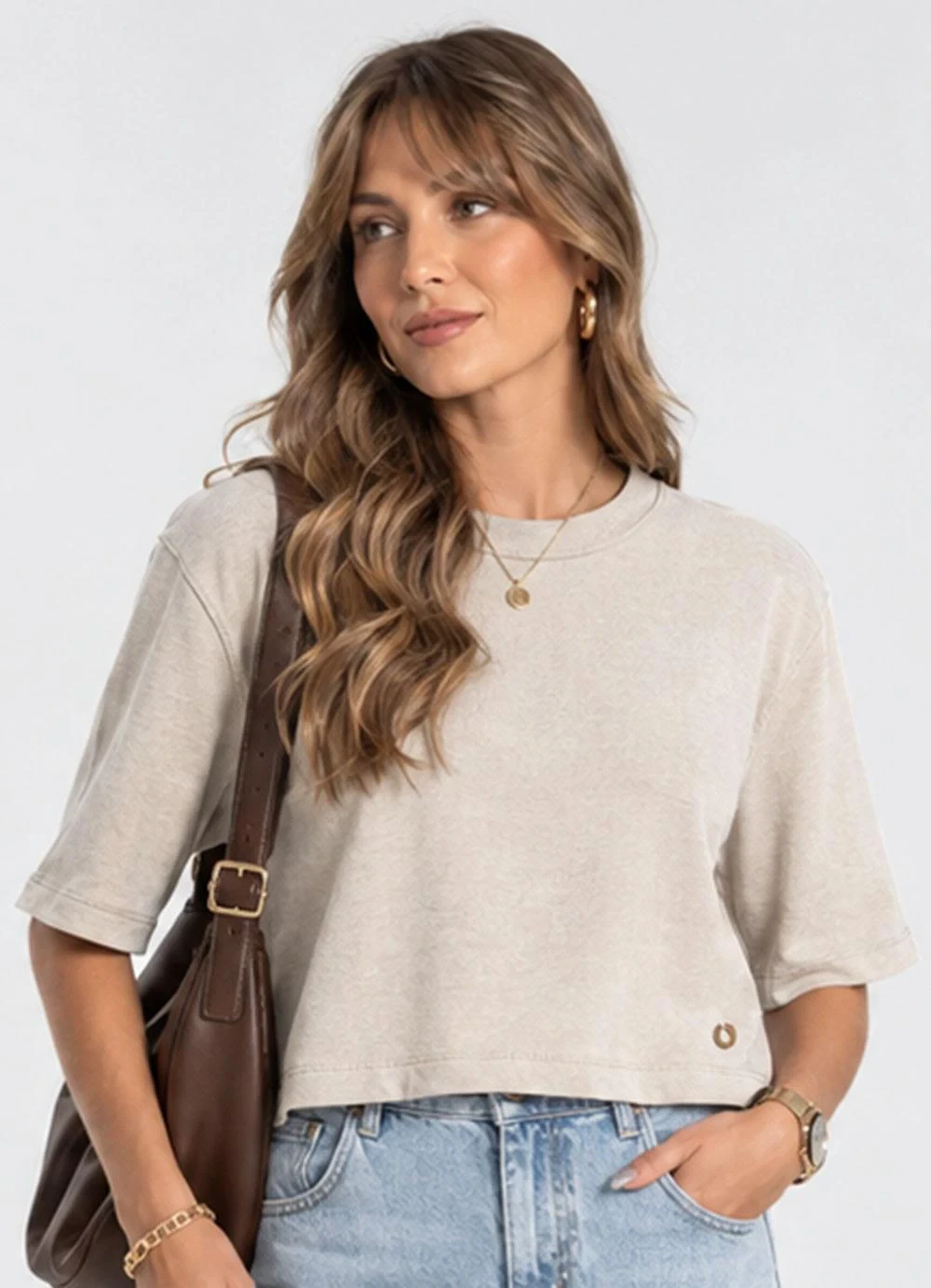 Endless - Blusa Feminina Manga Curta em Molecotton Bege