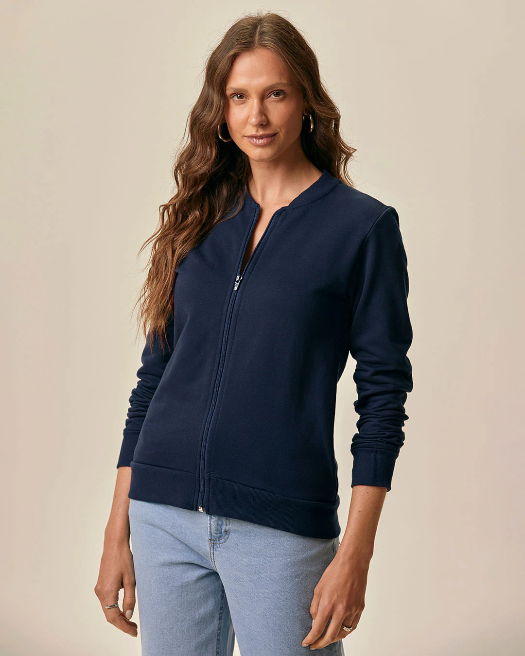 Jaqueta Básica Feminina Bolso Lateral Em Moletom Flanelado
