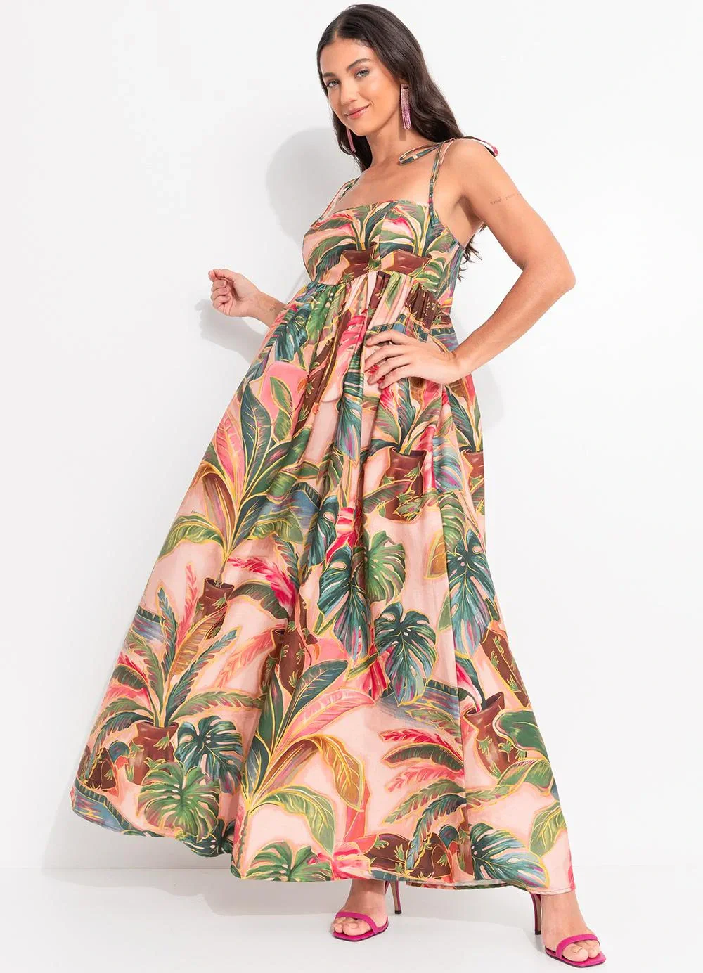 Farm - Vestido Longo Piscina Tropical Rosa