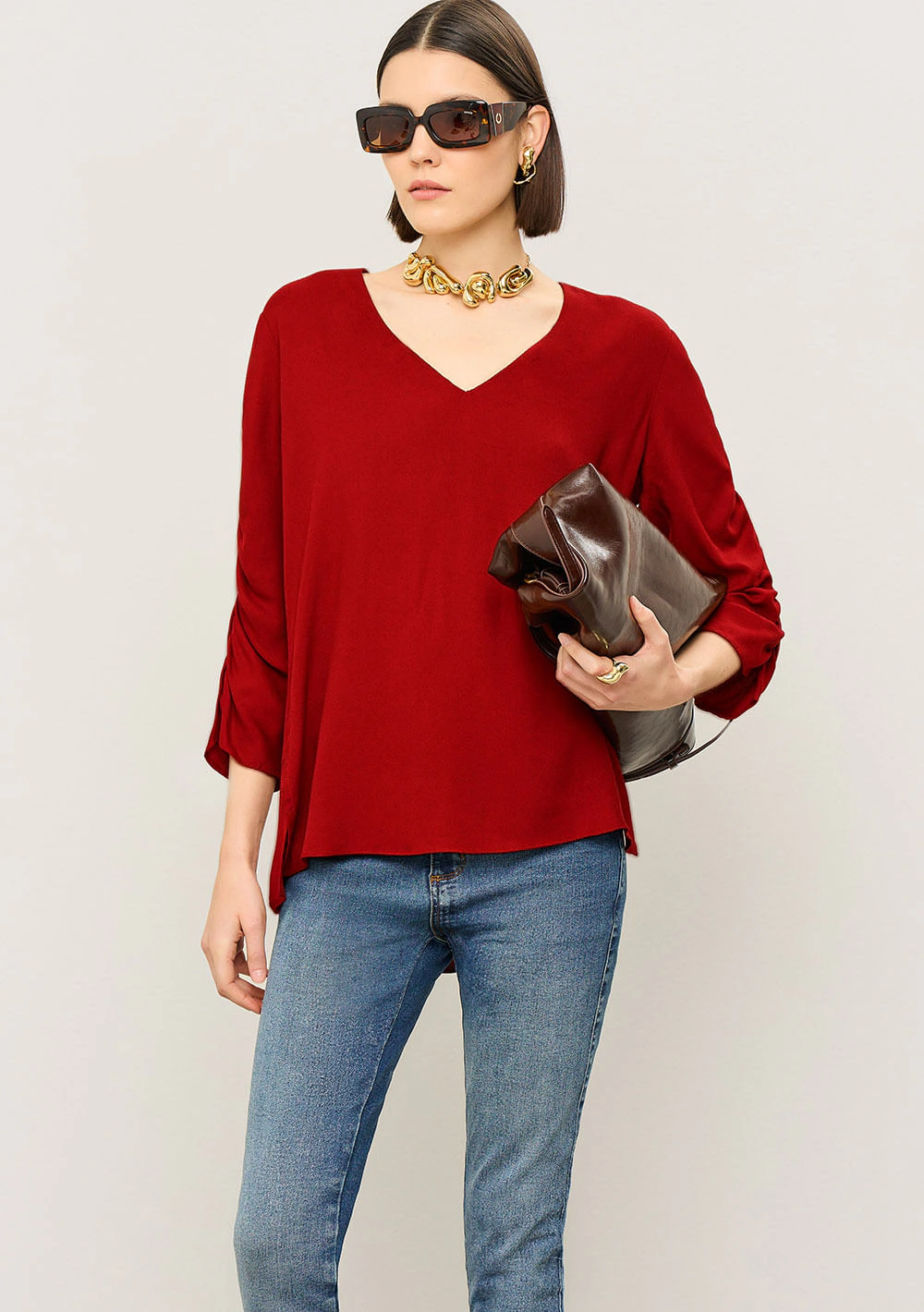 Blusa Iódice Solta Decote V Manga 7 Oitavos Padrão Vermelho