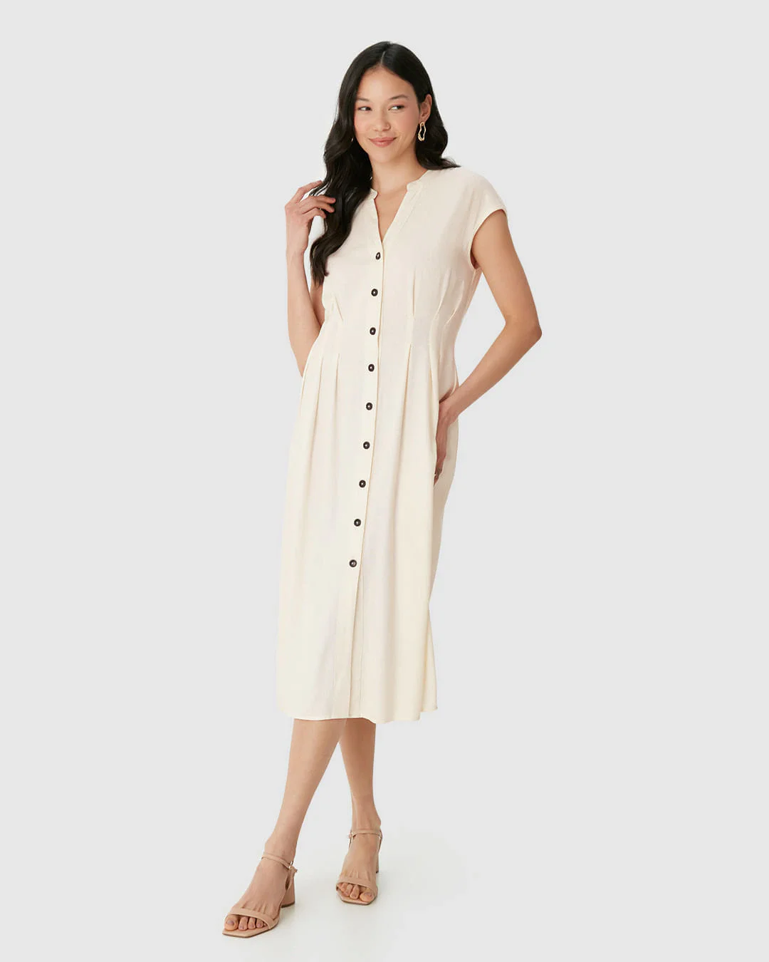 Vestido Midi Feminino Chemise Abotoamento Frontal Em Viscolinho