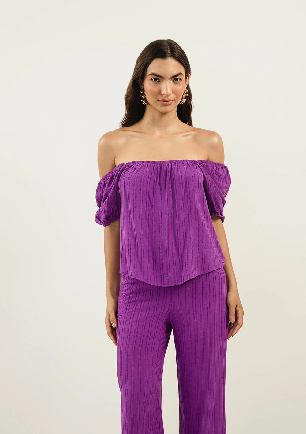 Blusa Zinco Decote Reto Manga Curta Com Elástico Roxo