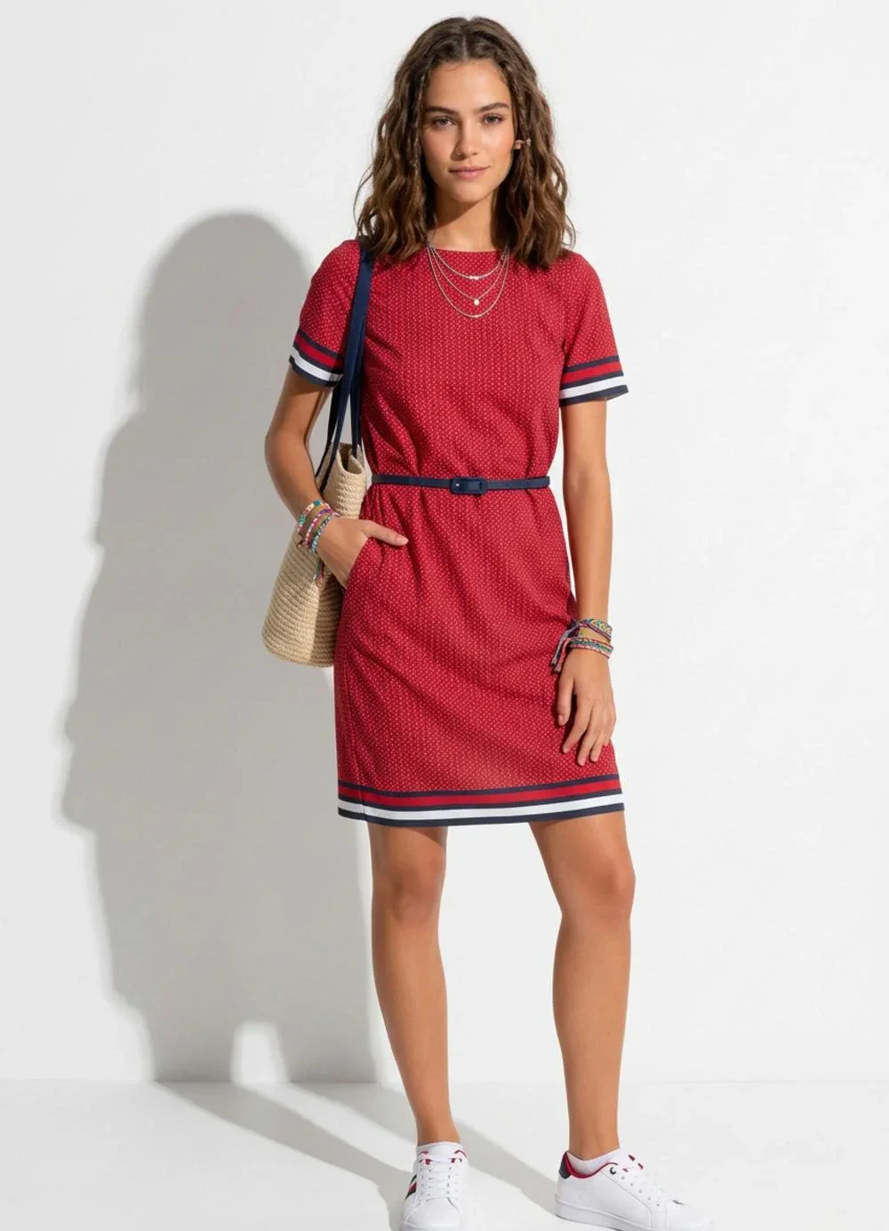 Bimini - Vestido Barrado Vermelho em Malha Fria