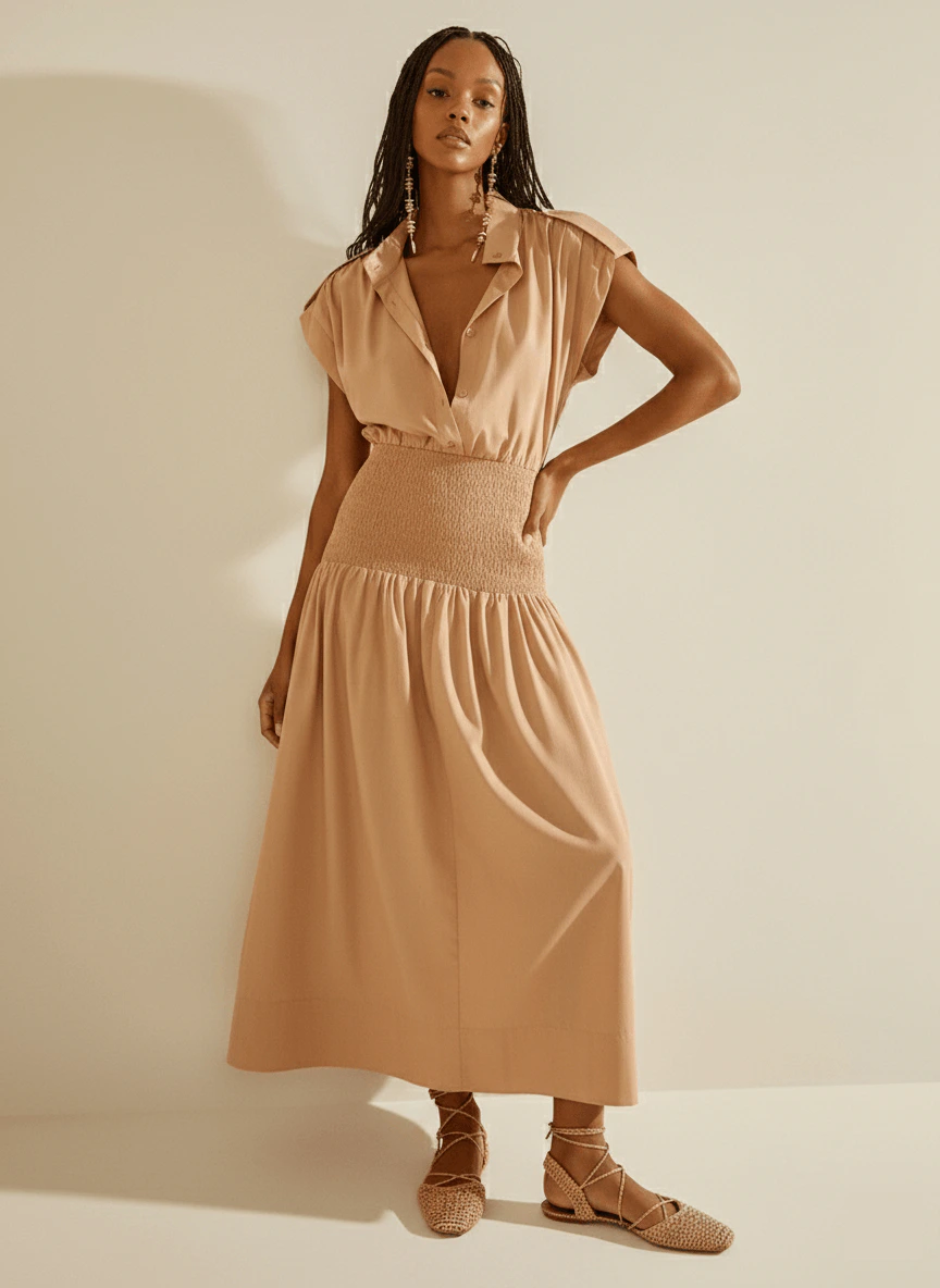 Vestido Morena Rosa Solto Gola Clássica Sem Manga Midi Caramelo