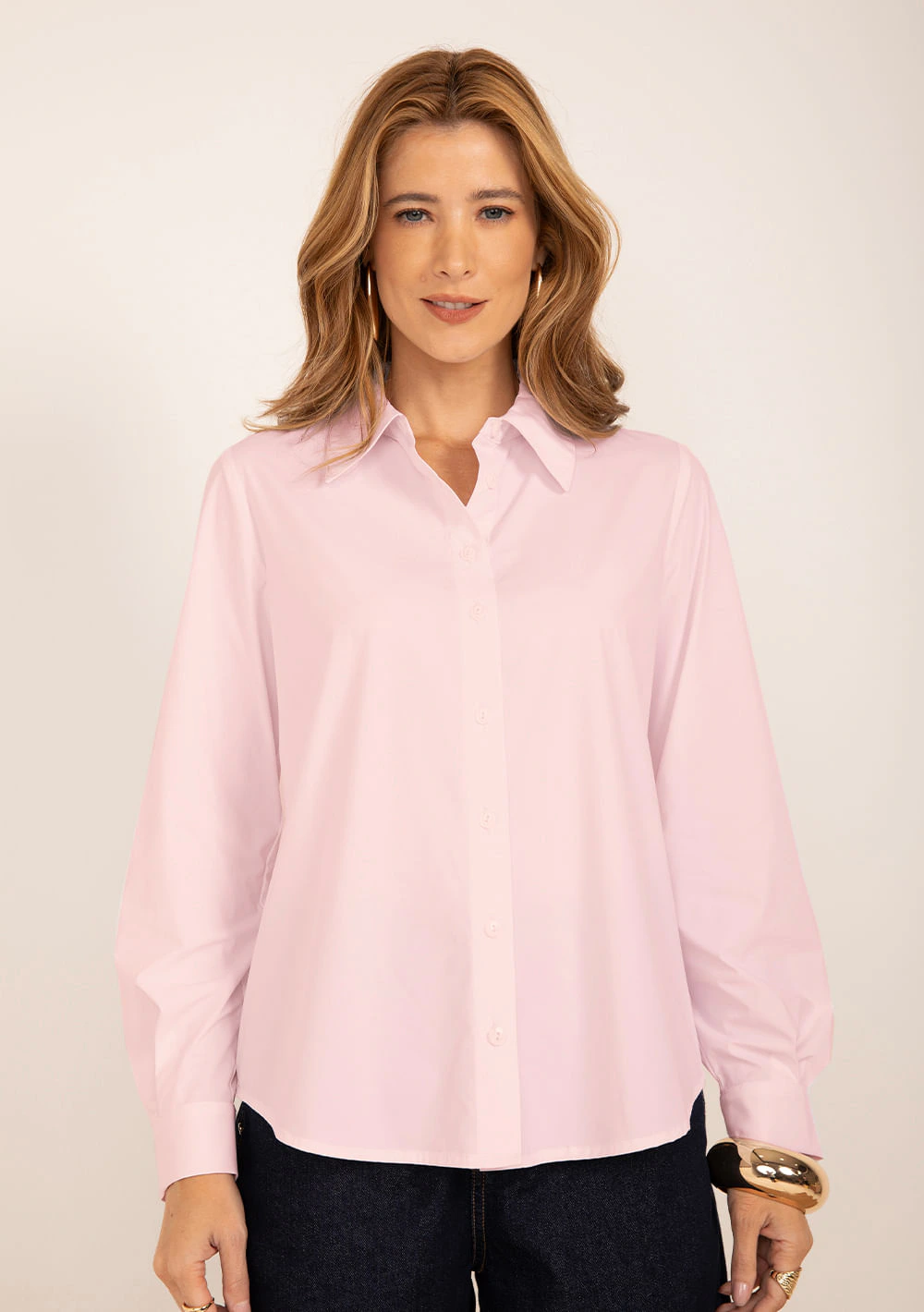 Camisa Maria.Valentina Ajustada Gola Clássica Manga Longa Padrão Rosa