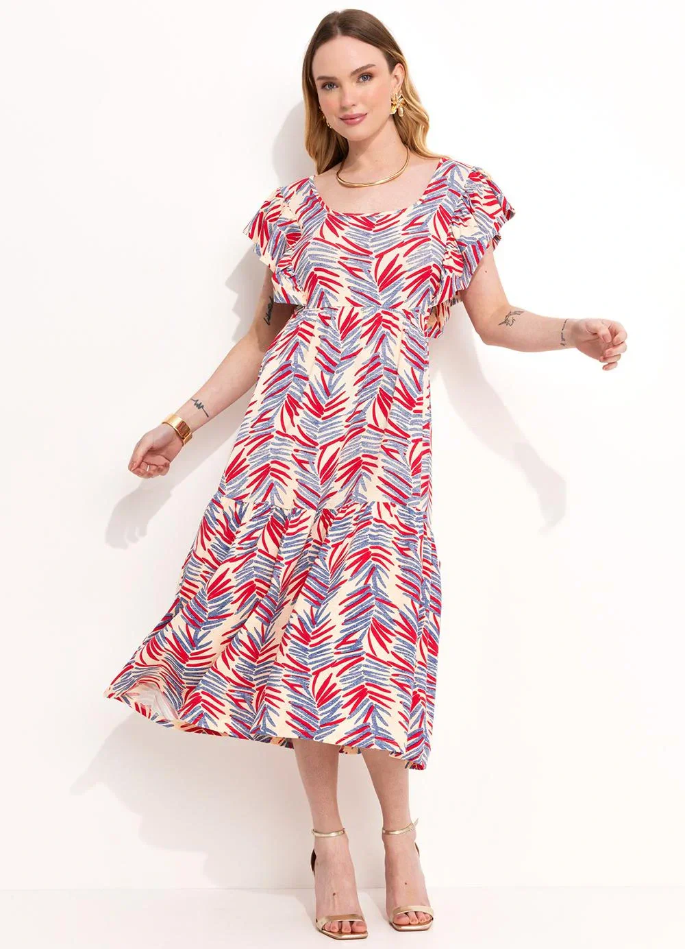 Quintess - Vestido Folhagem Artística em Malha de Viscose