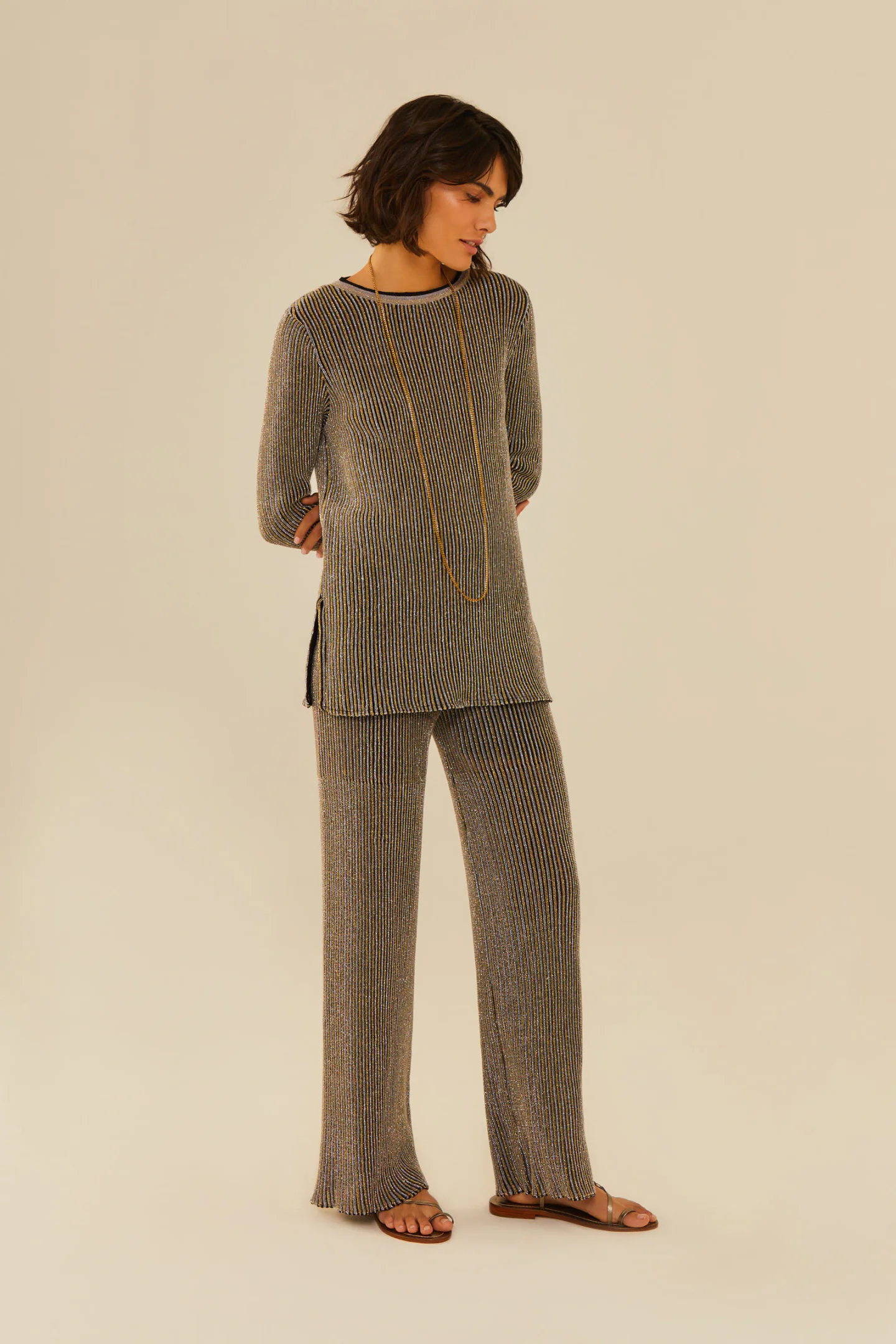 Calça Tricot Flare Lurex Canelado