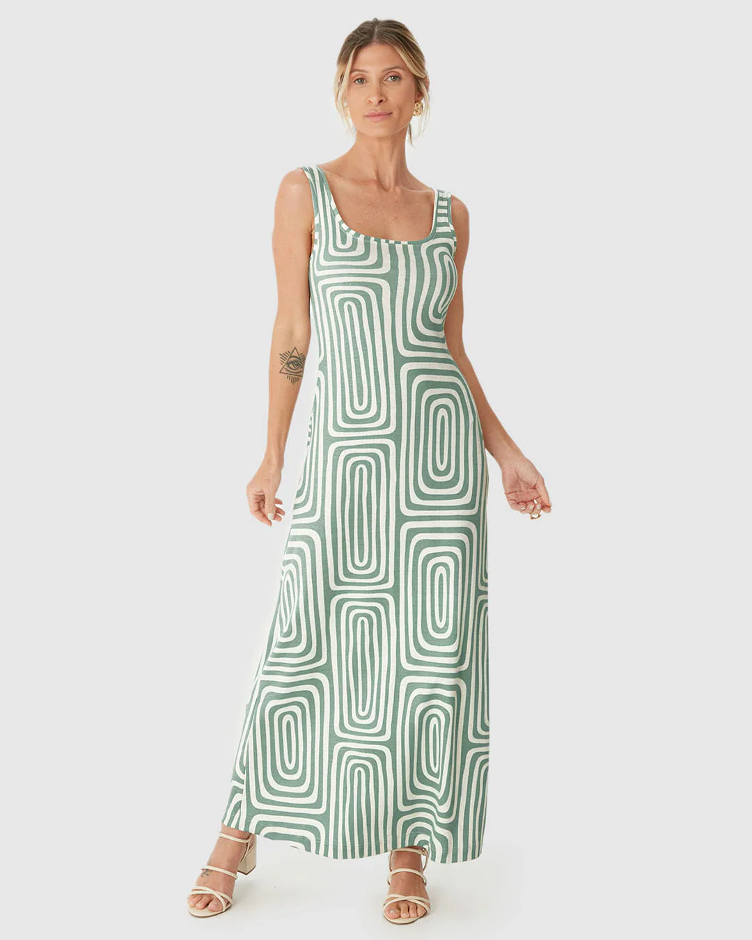Vestido Midi Feminino Estampa Geométrica Decote Quadrado Em Ribana Linho