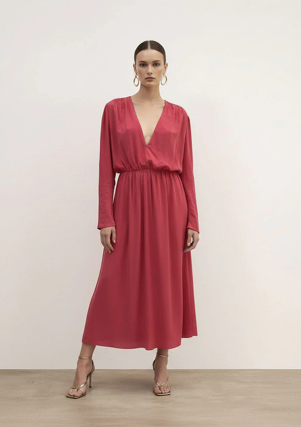 Vestido Ajustado Decote V Manga Longa Midi Rosa