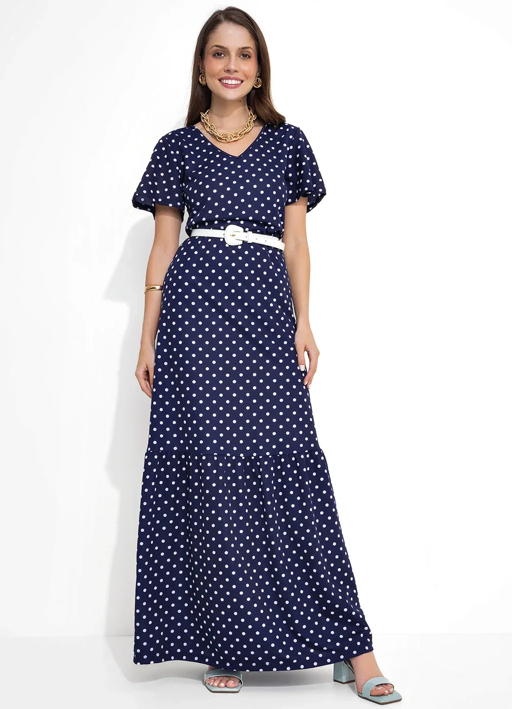 Rosalie - Vestido Poá Azul com Babado