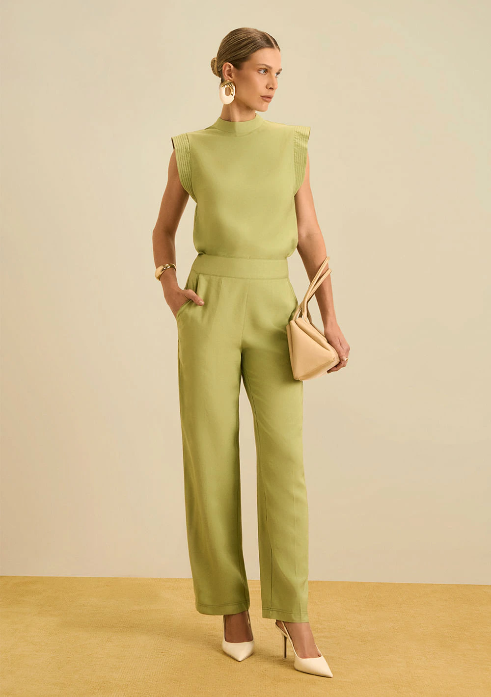 Blusa Maria.Valentina Ajustada Gola Alta Manga Curta Padrão Verde