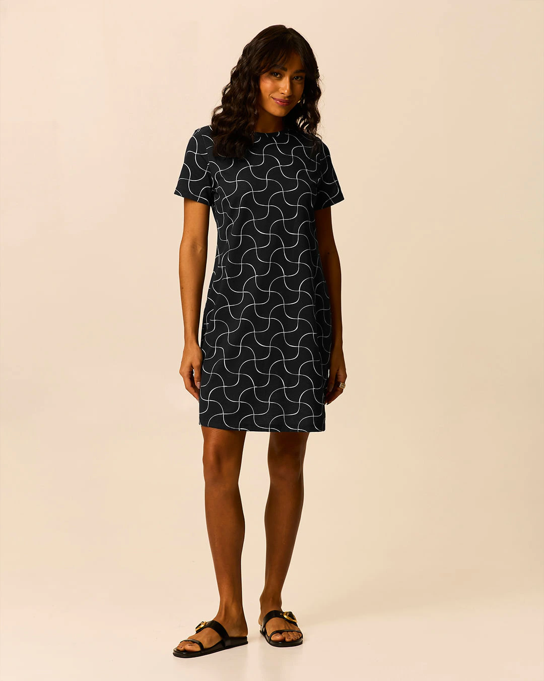 Vestido Feminino Estampado Com Decote Redondo Em Algodão