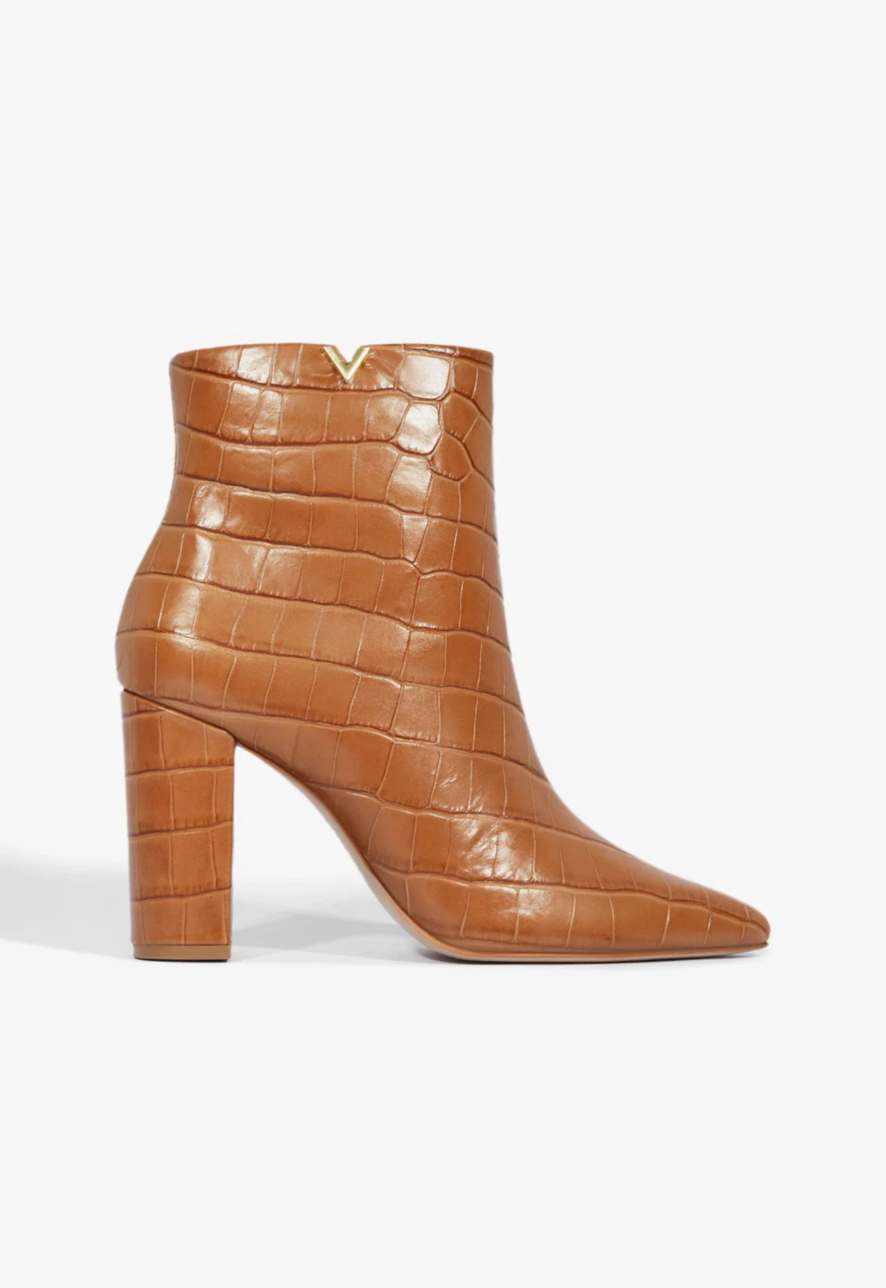 Bota Triangle Salto Bloco Couro Croco Marrom