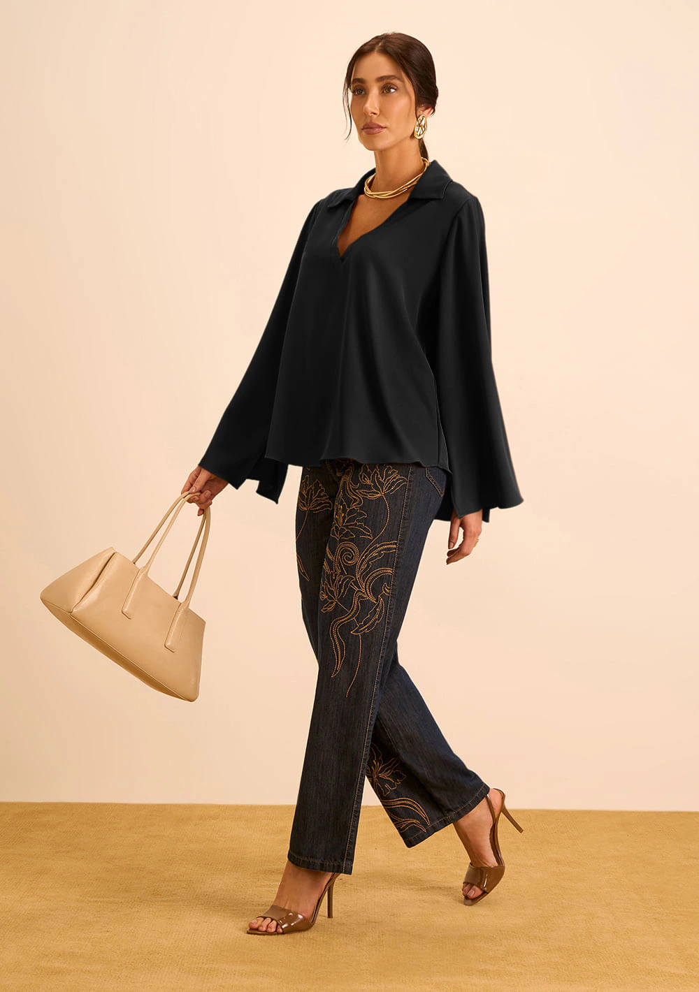 Blusa Maria.Valentina Solta Polo Manga Longa Padrão Preto