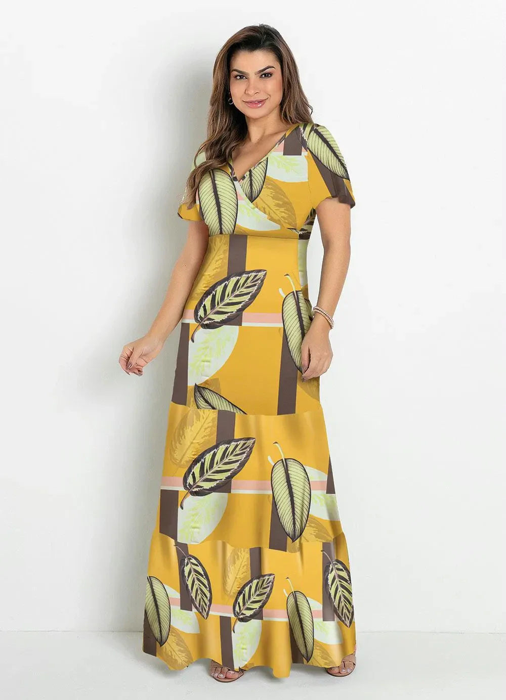 Rosalie - Vestido Camadas Folhas Amarelo